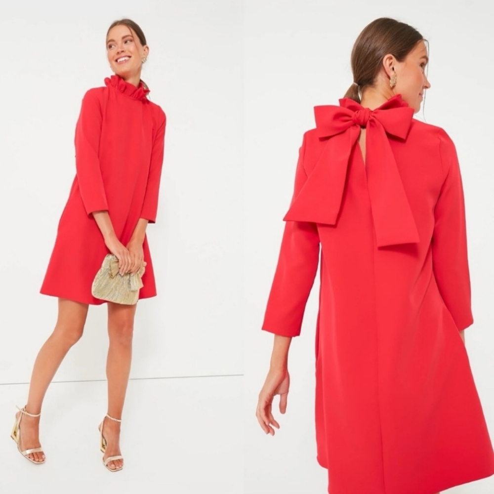 NWT Tuckernuck Daphne Dress Poppy Red Mini Preppy Bowtie Collar Pockets XXS - Picture 2 of 14